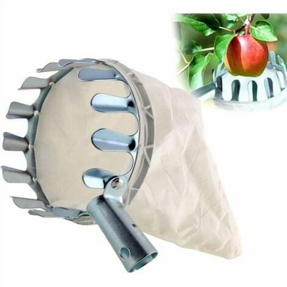 Fruit Picker, 1 Fruit Collector, Metal Fruit Picker, Fruit Picker with Bag, Cherry Picker, Diameter 16 CM, for Picking Tall Fruits (Silver)