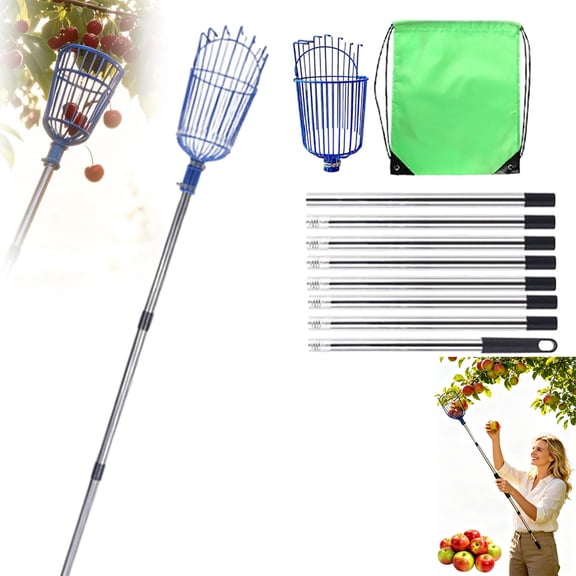Fruit Picker, Adjustable Height Fruit Picker Pole with Basket Telescoping, Stainless Steel (3.6 in)
