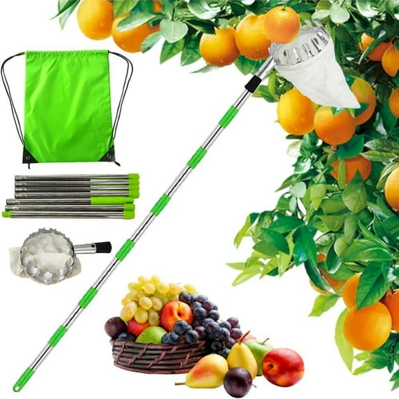 Fruit Picker, Dingrich 2.8 m Apple Picker with Telescopic Handle, Extendable Reach Metal Picker with Cotton Bag, Food Picking Equipment with Non-Slip Grip Handle for Garden Tool