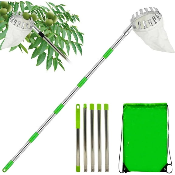 Fruit Picker Pole Basket, Dingrich 2m/6.56ft Telescopic Fruit Picker Basket, Extendable Reach Metal Picker with Cotton Bag, Food Picking Equipment with Non-Slip Grip Handle for Garden Tool