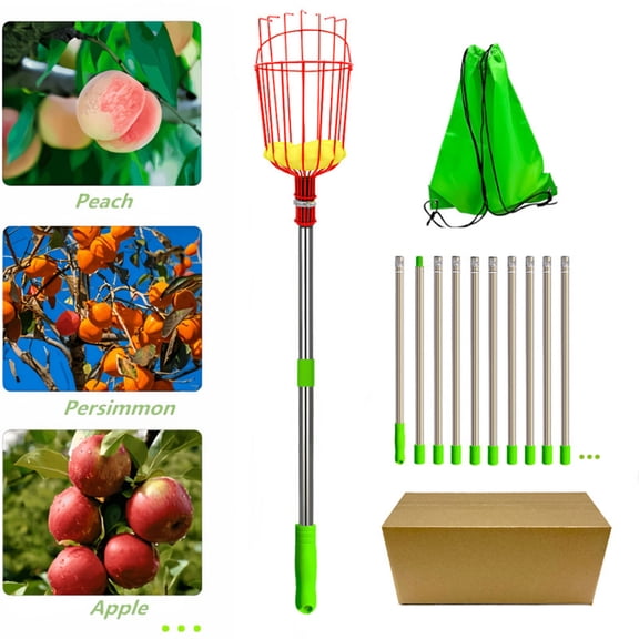 Fruit Picker Pole with Basket Telescoping, Adjustable Citrus Orange Picker Stainless Steel Fruit Picking Pole with Long Handle for Apple Orange Mango(B)