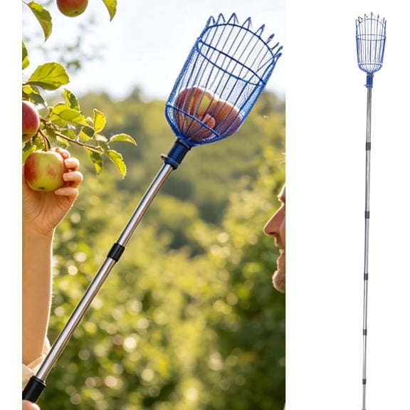Fruit Picker Pole with Basket Telescoping, Fruit Picker Tool, Encrypted Fruit Basket, Gripper Claw with Protective Sleeve for Picking Apple Avocado Cherry Lemon Mango Orange Peach