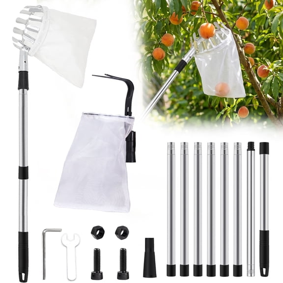 Fruit Picker Pole with Telescoping Apple Picker Pole with 2 Soft Basket Fruit Picker Pole Adjustable Tree Fruit Harvester for Apple,Mango,Avocado,Orange,Pear,Lemon&More-Easy to Assemble