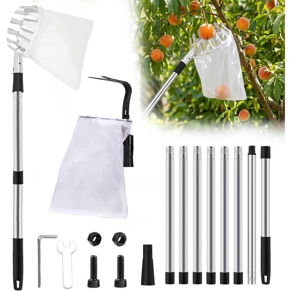 Fruit Picker Pole with Telescoping Apple Picker Pole with 2 Soft Basket Fruit Picker Pole Adjustable Tree Fruit Harvester for Apple,Mango,Avocado,Orange,Pear,Lemon&More-Easy to Assemble