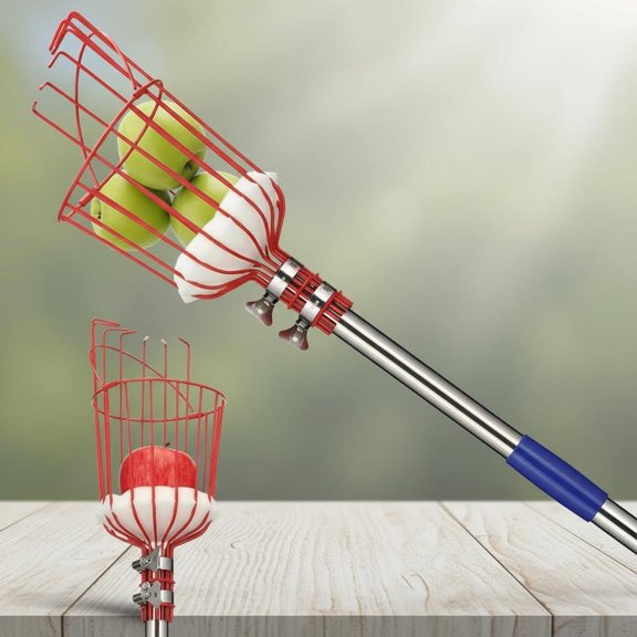 Fruit Picker Pole with Basket, Telescoping Tool with Long Handle, Adjustable Apple Avocado Orange Picker, Stainless Steel Fruits Catcher