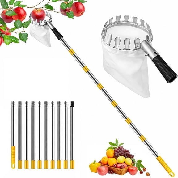 Fruit Picker Pole with Collection Basket, 13-Ft Telescoping Telescopic Handle, Soft Rubber Claw for Apples, Avocados, Acorns and Pinecones