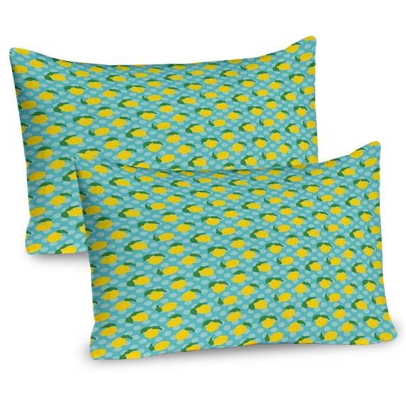 Fruit Pillow Sham Set of 2, Repetitive Lemons Citrus Pattern on Polka Dotted Background, Quality Microfiber Bedding Item for All Seasons, 26" x 20", Yellow Fern Green, by Ambesonne