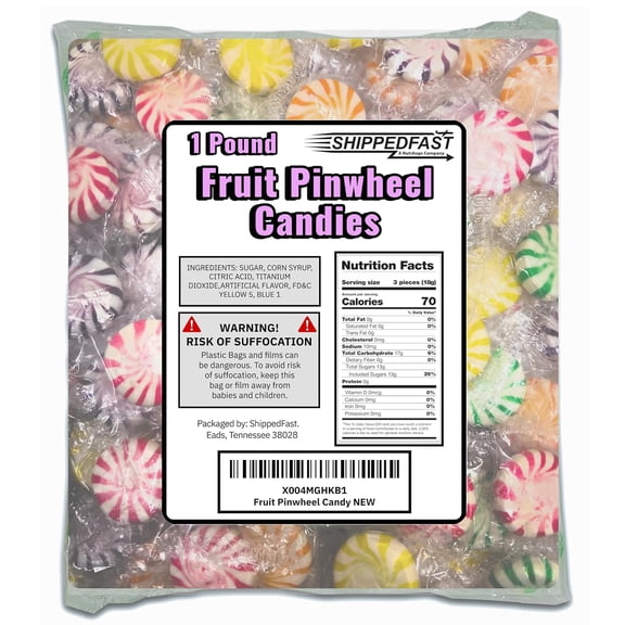 Fruit Pinwheels Hard Candy. Assorted Flavors (Strawberry, Orange, Lemon, Grape, Lime). Individually Wrapped Candies.(1 Pound Bag).