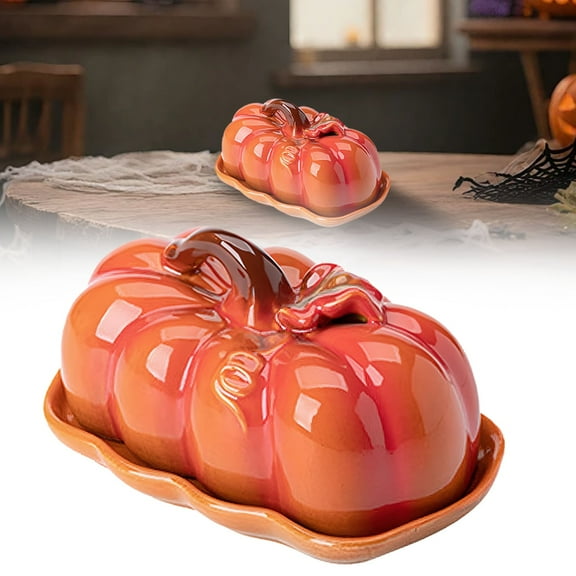 Fruit Plate,Butter Dish With Lid For Ceramic Cute Pumpkin Butter Container Serving Tray With Cover Decor Dinnerware For Halloween Thanksgiving Pumpkin