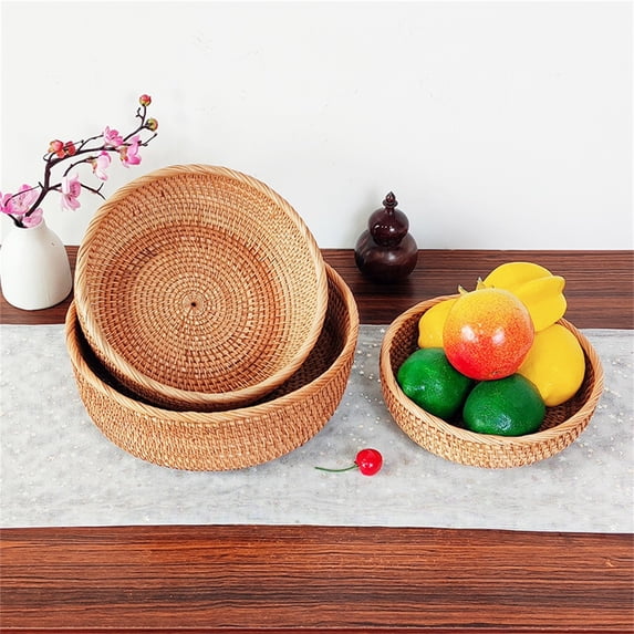 Fruit Plate,Round Keys Basket Bowl For Entryway Hand Woven Wicker Storage Basket Rattan Decorative Basket Fruit Candy Cake Food Serving Basket Tray For Keys Wallet Cell Phone And More