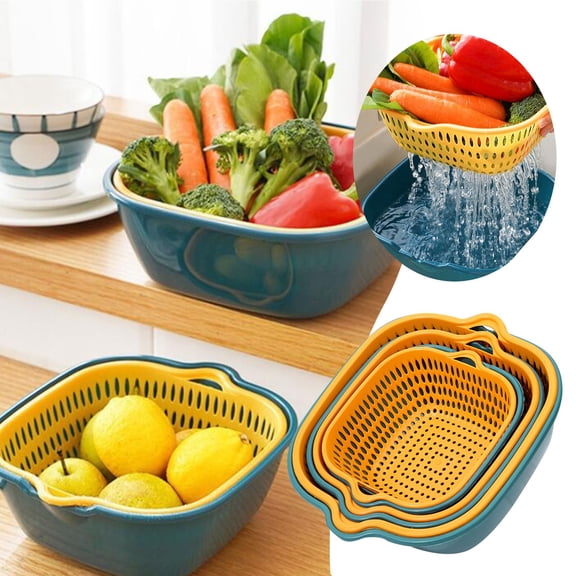 Fruit Plate Set for Kitchen Use | 6-Piece Wash Basin and Strainer with Double Layer Drain Bucket for Fruit Vegetables and Cleaning