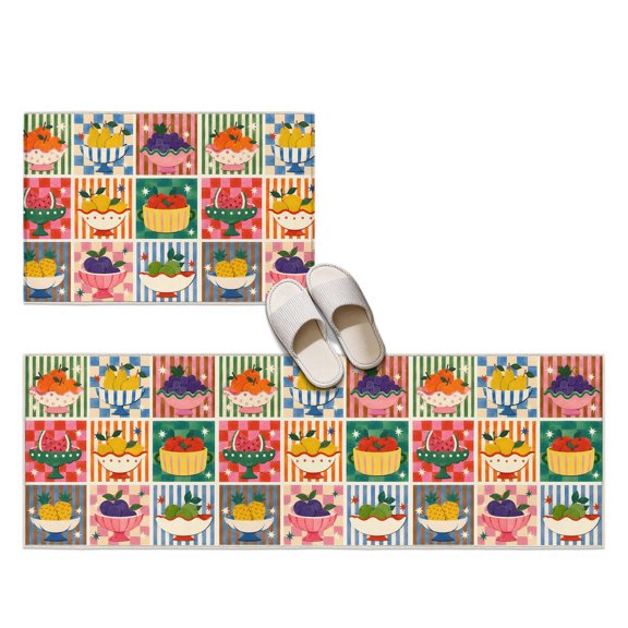 Fruit Platter 2 Pieces Non-Slip Kitchen Mat Set, Eclectic Orange Pear Lemon Striped Plaid Countryside Soft Door Mat with Rubber Backing, Dirtproof Rugs for Entrance Doorway, 23.6x35.4in+23.6x70.9in