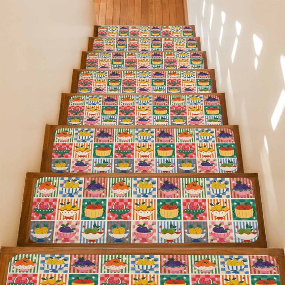 Fruit Platter Non-Slip Stair Treads for Wooden Steps, 15 Pack 8x30 Inches Carpet Stair Mats with Adhesive Backing, Noise-Reducing Step Covers for Indoor Stairs, Easy to Install & Residue-Free