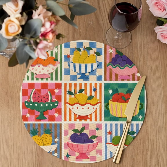 Fruit Platter Round Braided Placemats Set of 2, Eclectic Orange Pear Lemon Striped Plaid Countryside Heat Insulation Place Mats Washable Non-Slip Table Mats for Kitchen Dining Party, 13 Inches