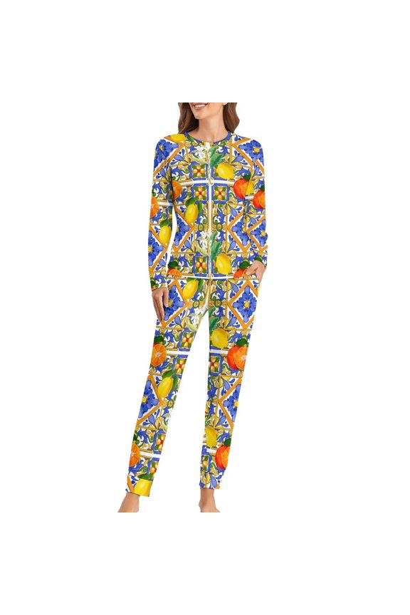 Fruit Print Pajamas Oranges And Lemons Two Piece Casual Pajamas Set Female Long Sleeves Trendy Oversized Home Suit
