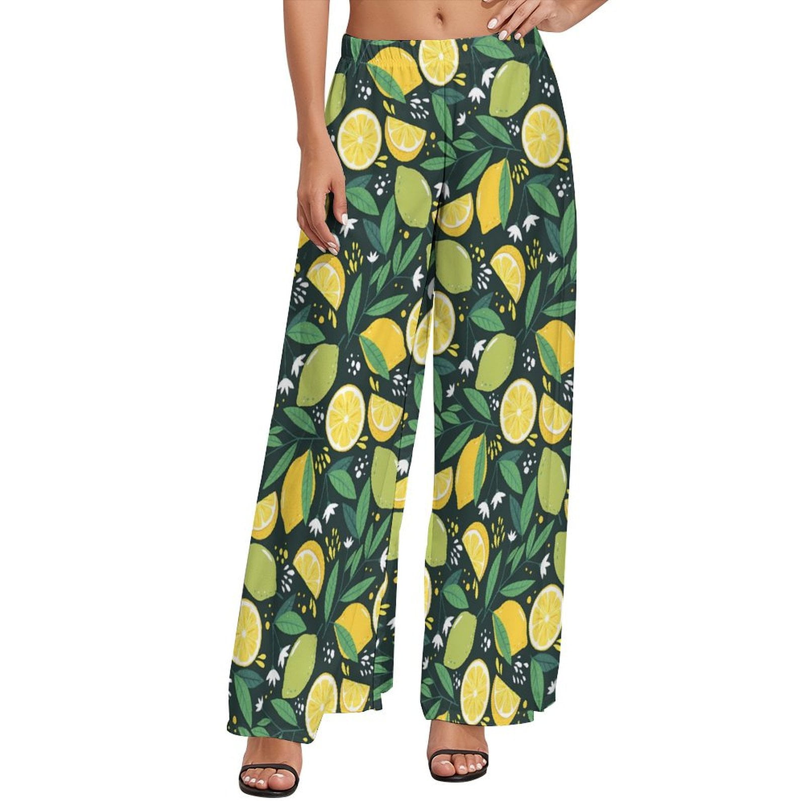 Summer Plant Fruit Print Casual Short Sleeve Shirt and Elastic Waist Loose Wide Leg Pants Set