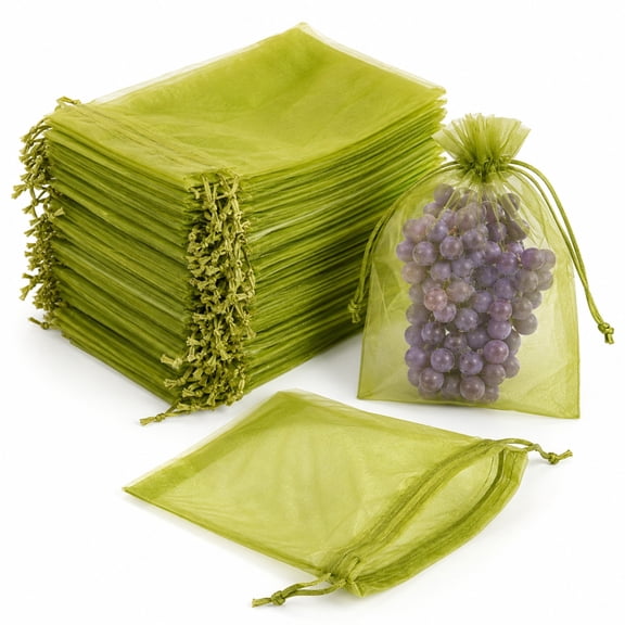 Fruit Protection Bags, 200 Pack 8x12 Inch Green Mesh Drawstring Bags for Fruit Trees, Reusable Organza Netting for Vegetables Tomatoes Strawberries Garden