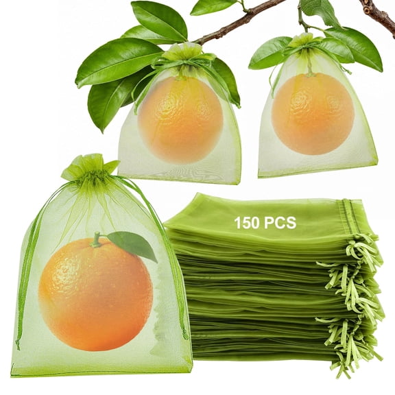 Fatato 150PCS Fruit Protection Bags, Mesh Fruit Bags for Fruit Trees, 6x8 inch Green Organza Netting Bags with Double Drawstring for Tomatoes, Peaches, Strawberries, Vegetables and Garden Plants