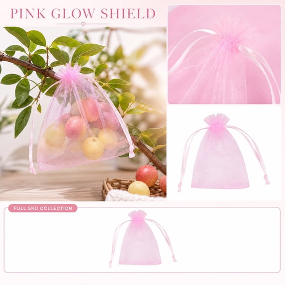 Fruit Protection Bags M 3.9x5.9in Organza Drawstring Pink Insect Barrier Netting Pouches for Orchard Garden Farm Pest Prevention