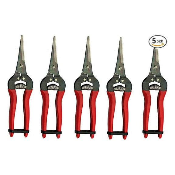 Fruit Pruners 5 Pack - Needle Nose Pruning Shears - Long Blade Harvesting Clippers - All Metal Construction with Ergonomic Handles & Strap