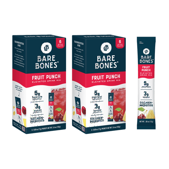Bare Bones Elevated Drink Mix Fruit Punch  - 5g Collagen/Protein - 2 packs of 6