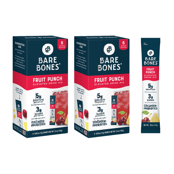 Bare Bones Elevated Drink Mix Fruit Punch - 5g Collagen/Protein - 2 packs of 6