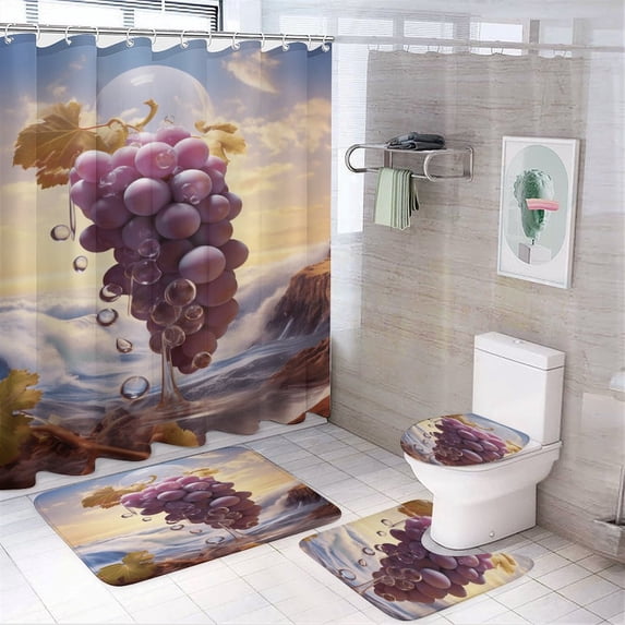 Fruit Purple Grapes 4 Piece Shower Curtain Sets, Non-Slip Rugs, Toilet Lid Cover And Bath Mat, for Bathroom Decor Set, 72" X 72"