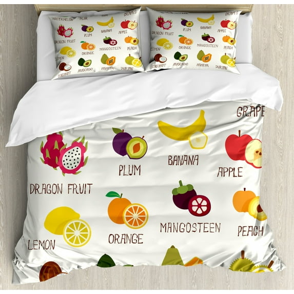 Fruit Queen Size Duvet Cover Set, Collection of Fruits Apple Orange Coconut Lemon Avocado Kiwi Colorful Food Pattern, Decorative 3 Piece Bedding Set with 2 Pillow Shams, Multicolor, by Ambesonne