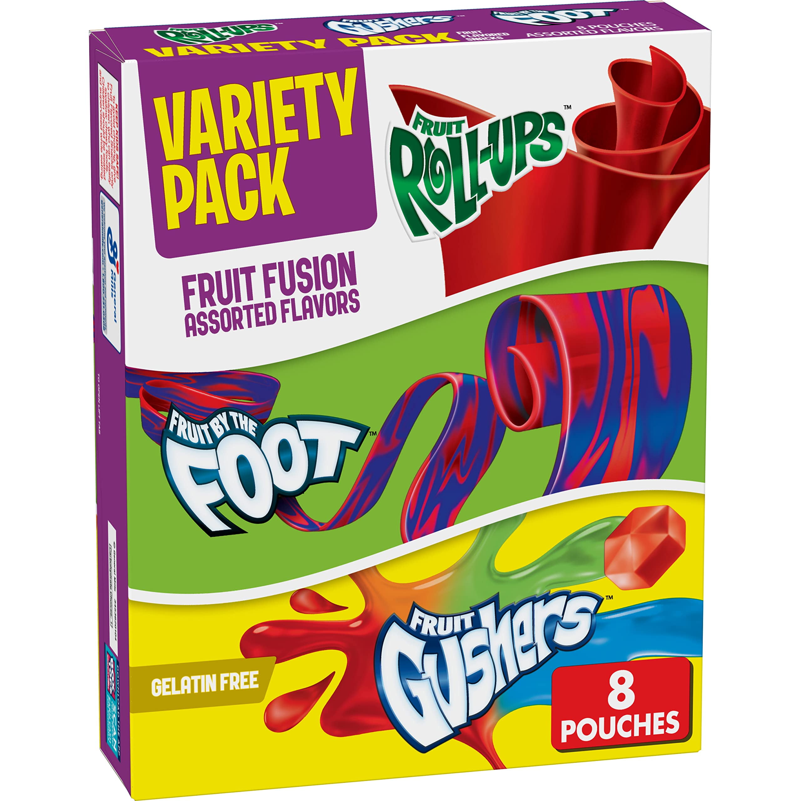 Fruit Roll-Ups, Fruit by YPF5the Foot, Gushers Fruit Flavored Snacks Variety Pack, Gluten Free, 8 Ct, 5.1 oz