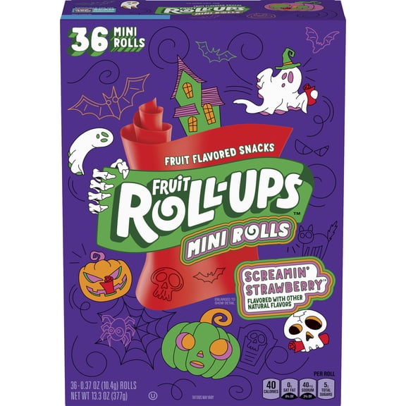 Fruit Roll-Ups Fruit Flavored Halloween Kids Snacks, Strawberry, 36 Mini Rolls, 13.3 oz