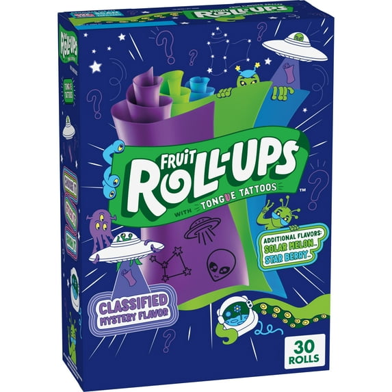 Fruit Roll-Ups Fruit Flavored Snacks, Mystery Flavor, Solar Melon, and Star Berry, 30 ct