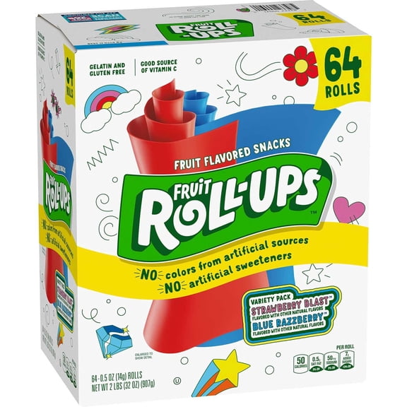 Fruit Roll-Ups Fruit Flavored Snacks Variety Pack, 0.5 Ounce (Pack of 64)