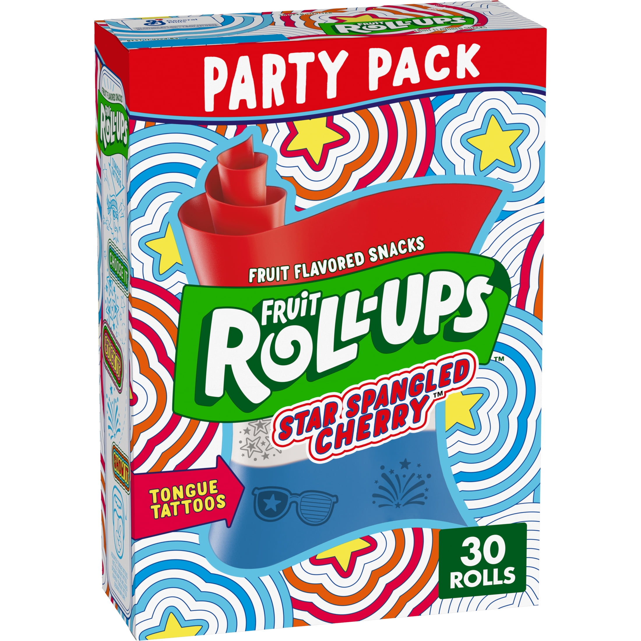 Fruit Roll-Ups Fruit Flavored Snacks, Star Spangled Cherry, Party Pack, 30 Count, 15 oz