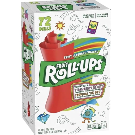 Fruit Roll-Ups Fruit Snacks Variety Pack Strawberry & Tropical Tie Dye Gelatin & Gluten Free 0.5 oz., 72 pk.