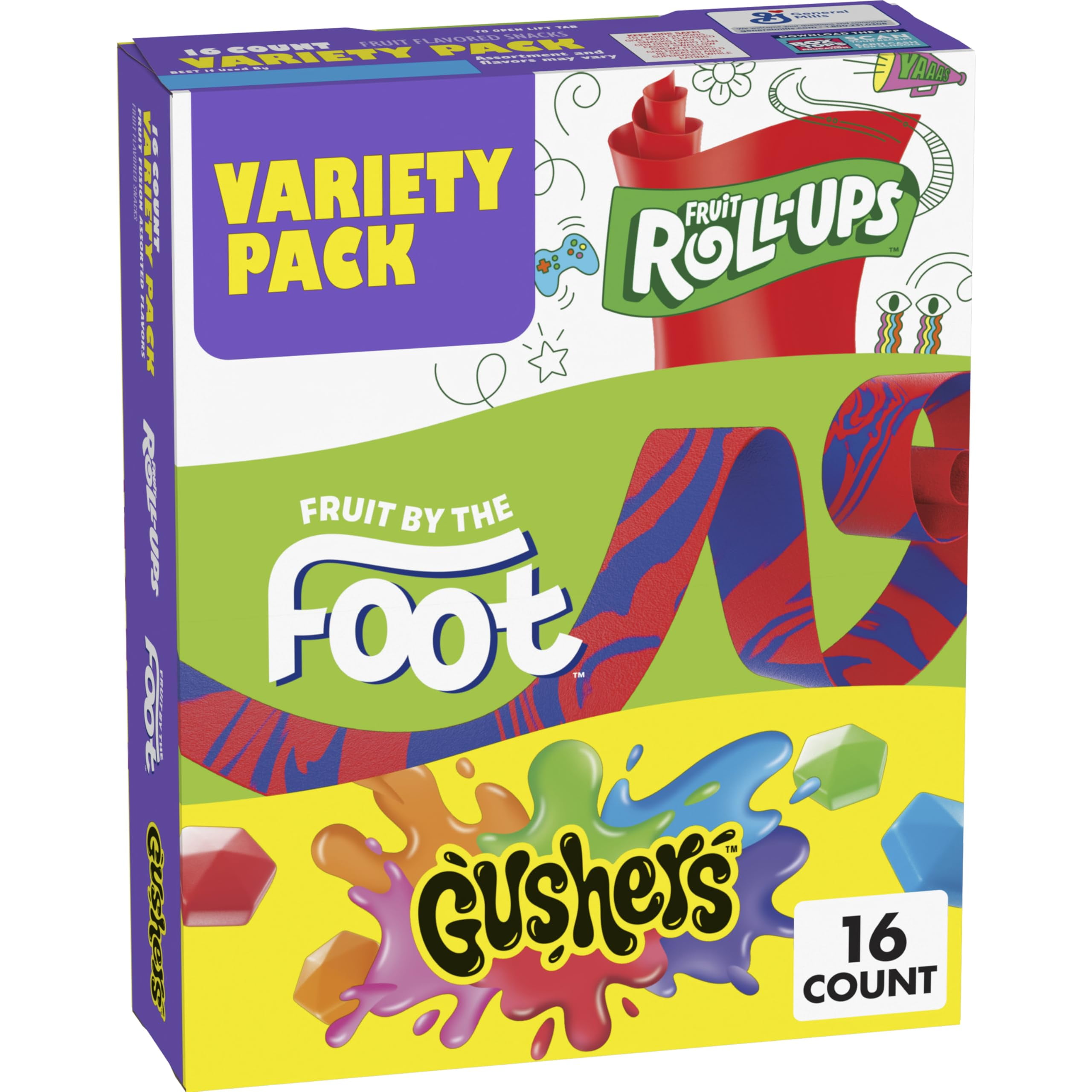 Fruit Roll-Ups, Fruit by VTF5the Foot, Gushers, Flavored Snacks Variety Pack, Gluten Free, 16 Ct, 10.2 oz
