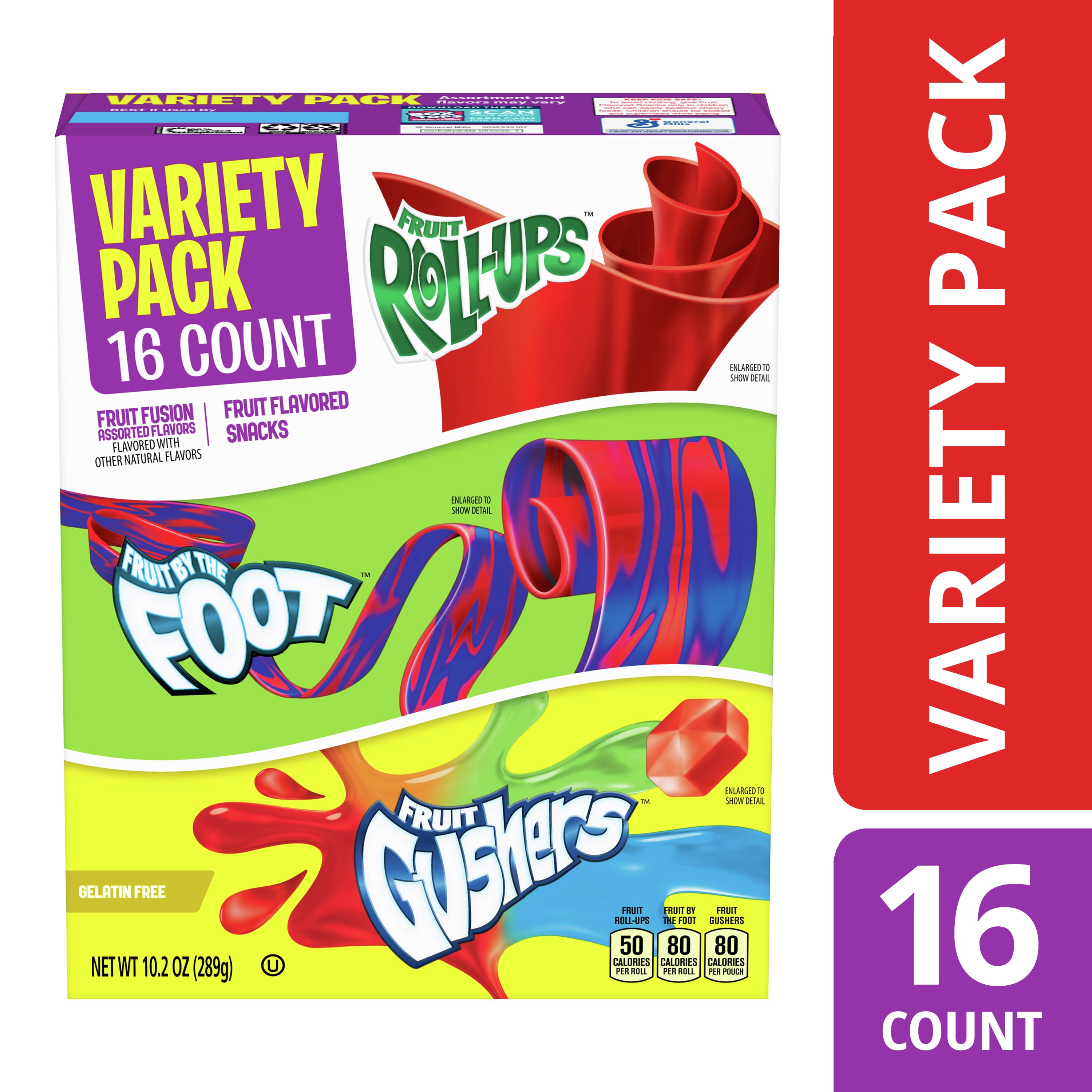 Fruit RollUps, Fruit by the Foot, Gushers, Snacks Variety Pack, 16 ct