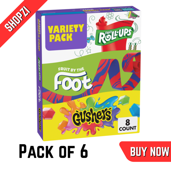 Fruit RollUps, Fruit by the Foot, and Gushers Variety Pack, Fruit Flavored Snacks, 8 Count Box, 6 Pack