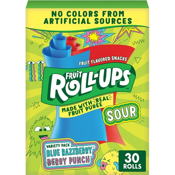 Fruit Roll-Ups Sour Gluten Free Fruit Flavored Snacks, Blue Razzberry, Berry Punch (30 Count)