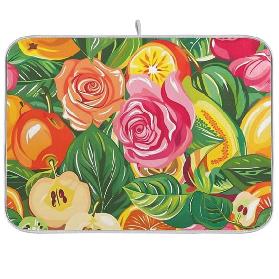 Fruit Roses Apples Leaves Flowers Dish Drying Mat Dish Drainer Rack Mats Water Absorbent Non-Slip Easy Clean Heat Resistant for Kitchen Counter