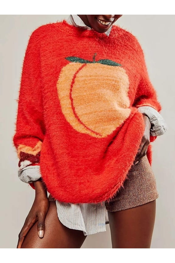 Fruit Round Neck Long Sleeve Sweater – Oversized Fit, Soft Stretch Knit