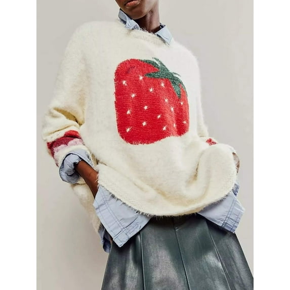 Fruit Round Neck Long Sleeve Sweater – Oversized Fit, Soft Stretch Knit