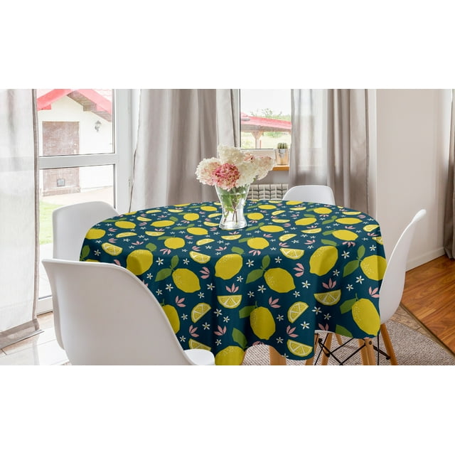 Fruit Round Tablecloth, Repetitive Lemons and Flowers Cartoon Print, Circle Table Cloth Cover for Dining Room Kitchen Decor, 60", Petrol Blue Yellow, by Ambesonne