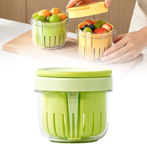 Fruit Salad Cup with Lids and Fork,Fruit Containers for Lunch,Picnic Travel Fruit Cups,Double-Layer Leak-Proof BPA-Free Salad Storage Cup,Fruit Storage Containers,Salad Keeper(Green)