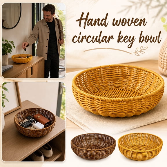 Fruit Sculpted Piece for Kitchen Counter, Woven Storage Basket, Bread Basket Storage, Fruit and Vegetable Storage, 8 Inch Diameter 3 Inch Deep Round Brown Woven Basket for Brown