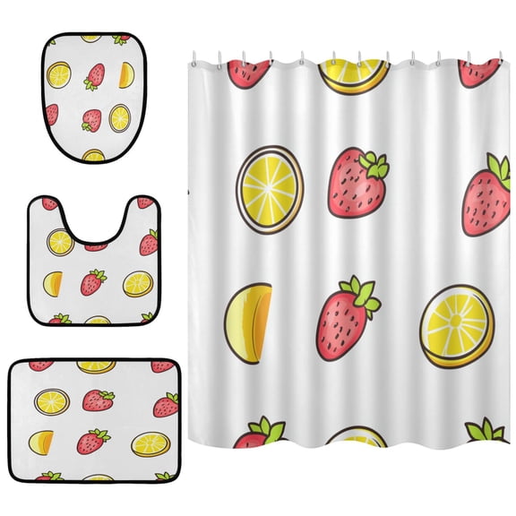 Fruit Series Bathroom Accessory Curtain Sets Bath Curtain Anti-Slip Mats and Toilet Pad 66x72in