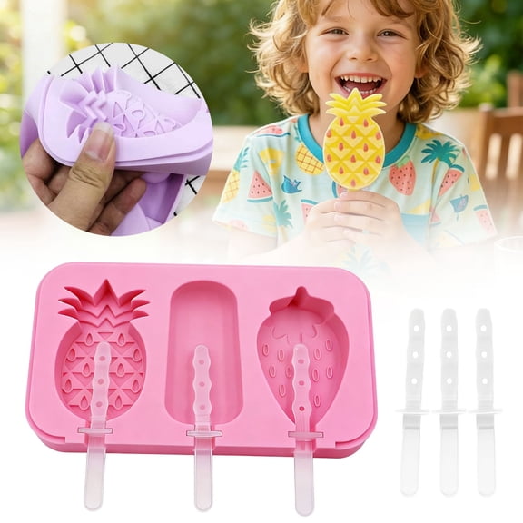 Fruit Shaped Popsicle Molds with 3 Cavities,BPA-Free Reusable Silicone Ice Pop Maker with Reusable Sticks for Homemade Frozen Treats, Homemade Ice Cream Molds(1Pc)