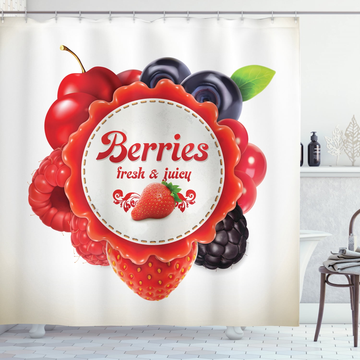 Fruit Shower Curtain, Cherry Blueberries Raspberry and Strawberry ...