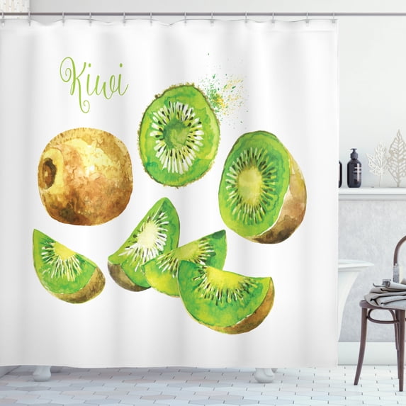 Fruit Shower Curtain, Whole and Sliced Kiwis Watercolor Tropical Food Exotic Vegan Options, Fabric Bathroom Set with Hooks, 69W X 75L Inches Long, Apple Green and Pale Brown, by Ambesonne