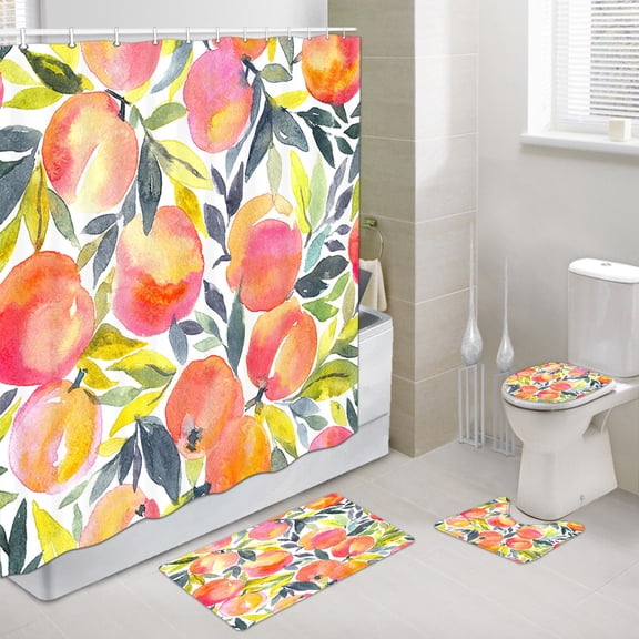 Fruit Shower Curtain and Bath Mat Set 69x70 Inch, Hand Painted Watercolor Peaches, Bathroom Mat Set with Contour Toilet Mat, Mat and Toilet Lid Cover