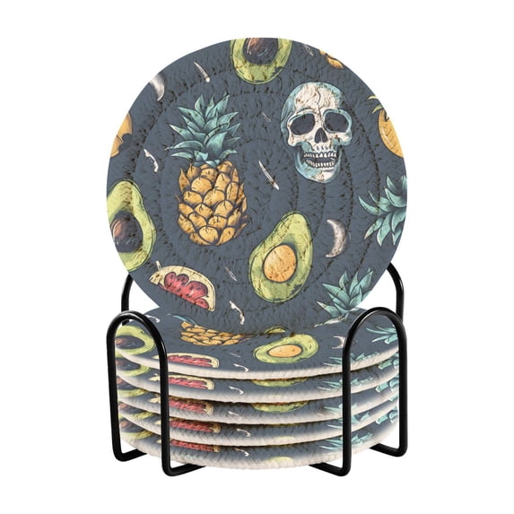 Fruit Skeleton 6 Pcs Drink Coasters with Holder Absorbent Coasters Woven Coasters for Drinks Table Desk Protection Home Decor